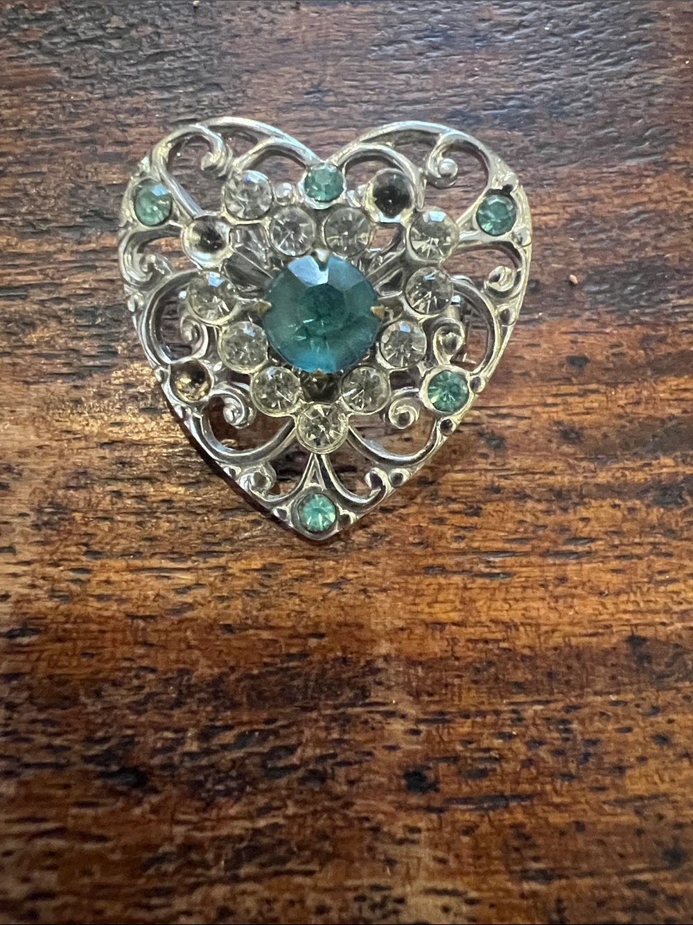 Vintage costume jewelry Heart Brooch with Aqua Crystals